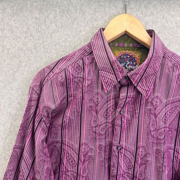 Men's‎ Robert Graham Large Long Sleeve Striped Paisley Button-Up Shirt Purple - Picture 3 of 14